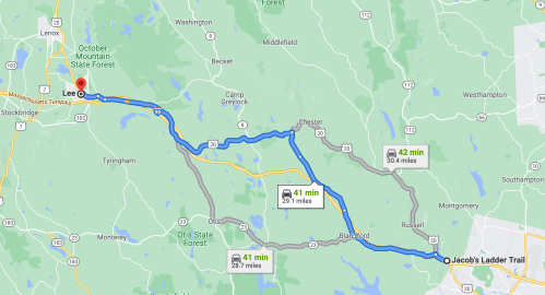 Map showing two routes from Lee, MA to Jacob's Ladder Trail, with estimated travel times and distances.