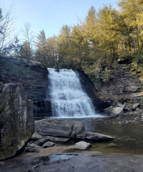 A serene waterfall cascades over rocky ledges, surrounded by trees with autumn foliage.