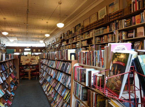 A cozy bookstore aisle lined with shelves of books, featuring a warm, inviting atmosphere and soft lighting.