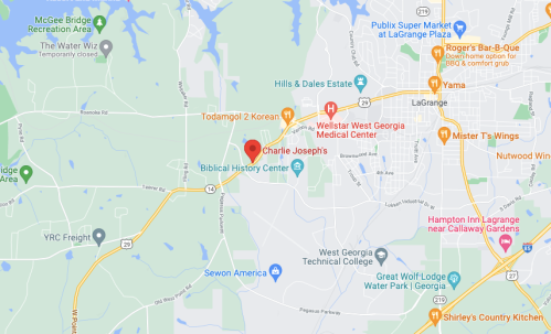 Map showing the area around Charlie Joseph's, near West Georgia Medical Center and Sewon America in LaGrange, GA.