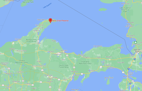 Map showing the location of Beers Grade Preserve in Michigan, near Lake Superior and surrounding forests.
