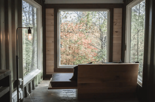 Cozy interior with large windows showcasing vibrant autumn foliage outside.