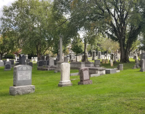 A peaceful cemetery with various gravestones surrounded by trees and green grass under a cloudy sky.