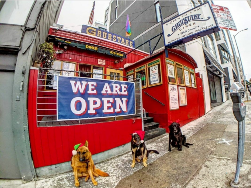 Three dogs sit in front of a diner with a "We Are Open" sign, colorful decorations, and a city street in the background.