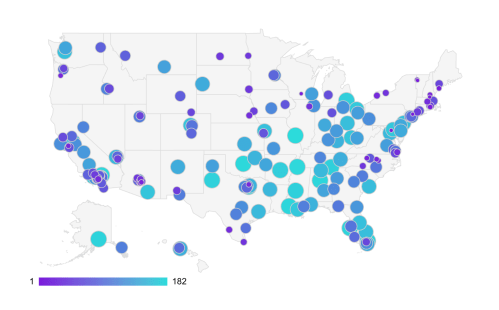 Map of the USA displaying data points in varying sizes and colors, indicating different values across regions.
