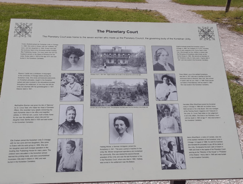 Sign about the Planetary Court, featuring images and descriptions of seven women who were part of the governing body.