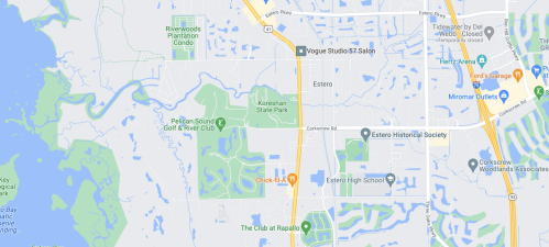 Map showing Estero, Florida, highlighting parks, golf clubs, and local landmarks.