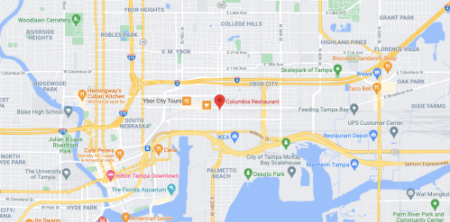 Map showing the location of Columbia Restaurant in Ybor City, Tampa, with nearby streets and landmarks.