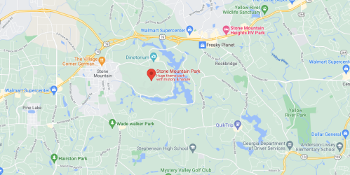 Map showing Stone Mountain Park and surrounding areas, including nearby roads and landmarks.