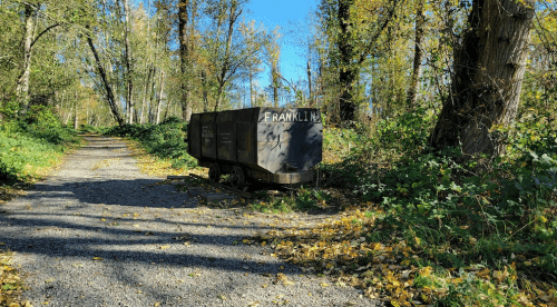 A rusty, abandoned cart labeled "FRANKLIN" sits on a gravel path surrounded by trees and autumn leaves.