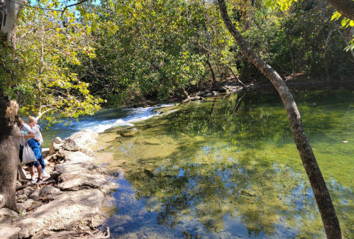 A serene river scene with clear water, surrounded by lush greenery and trees, and a couple standing by the shore.