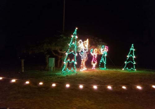 Colorful holiday lights illuminate trees and figures in a festive nighttime display.