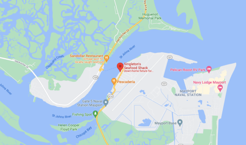 Map showing Singleton's Seafood Shack near the St. Johns River, with nearby parks and landmarks in Mayport, Florida.