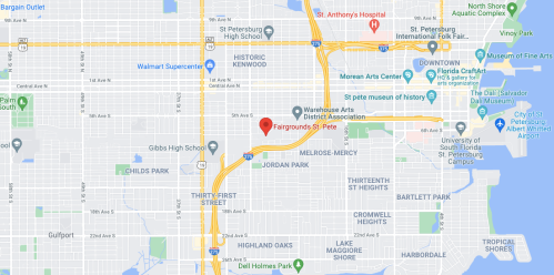 Map showing the location of Fairgrounds St. Pete in St. Petersburg, Florida, near various landmarks and neighborhoods.