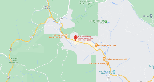 Map showing the location of The Heideberg, a German restaurant and beer garden, near other local attractions.