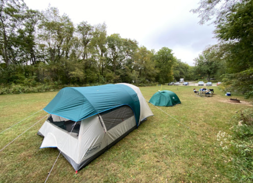 A campsite with two tents set up on grassy land, surrounded by trees and a picnic area in the background.