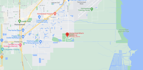 Map showing the location of Homestead-Miami Speedway in Homestead, Florida, near surrounding streets and landmarks.