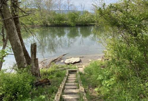 A wooden staircase leads down to a calm river surrounded by lush greenery and trees under a cloudy sky.