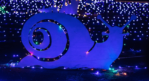 A large, illuminated snail silhouette decorated with colorful lights against a backdrop of twinkling lights.
