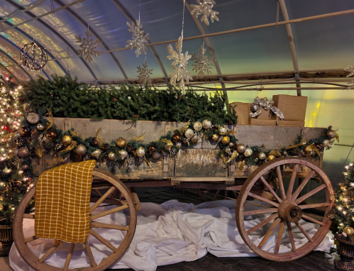 A rustic wooden cart filled with greenery, decorated with ornaments and a yellow blanket, set in a festive indoor space.