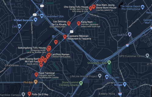 Map showing various restaurants and eateries in Chamblee, Georgia, including Tofu houses, ramen spots, and Mexican cuisine.