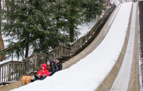 Two children and an adult sit on a sled at the top of a snowy slide, surrounded by trees.