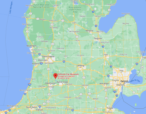 Map of Michigan highlighting the Gilmore Car Museum near Battle Creek, with major cities and highways marked.