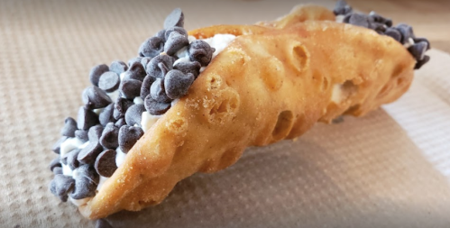 A close-up of a cannoli filled with creamy filling and topped with mini chocolate chips.