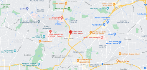 Map showing the area around Emory University and nearby hospitals in Decatur, Georgia.