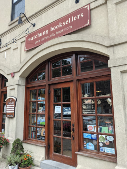 Exterior of Watchung Booksellers, a charming community bookstore with large windows and a welcoming sign.