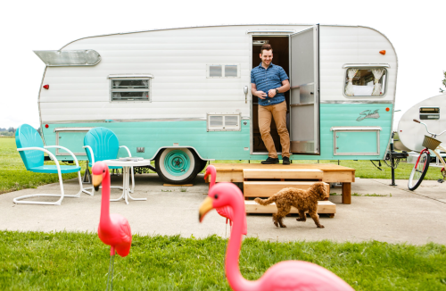 A man stands at the door of a vintage camper, with pink flamingos and a dog nearby on a grassy area.