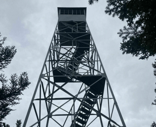 A tall metal fire lookout tower with a spiral staircase, surrounded by trees under a cloudy sky.
