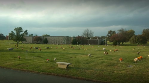 A serene cemetery with neatly arranged graves and colorful flowers on a grassy landscape under a cloudy sky.