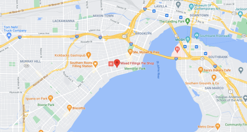 Map showing the area around Memorial Park, including nearby streets and landmarks in a coastal city.