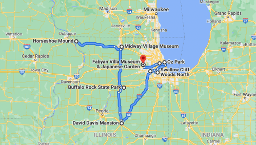 Map showing a route through Illinois, highlighting various attractions like museums and parks.