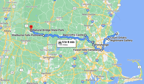 Map showing a route from Count Orlok's Nightmare Gallery to Natural Bridge State Park, covering 199 miles in 5 hours 8 minutes.