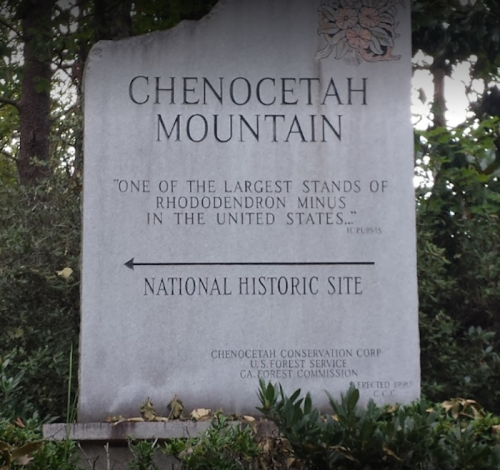Sign marking Chenocetah Mountain as a National Historic Site, highlighting its large stand of Rhododendron minus.
