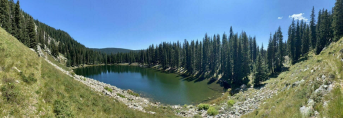 A serene mountain landscape featuring a calm lake surrounded by tall pine trees under a clear blue sky.