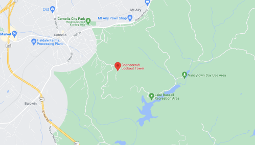 Map showing the location of Chenoa Lookout Tower near Cornelia, Georgia, with nearby parks and recreation areas.