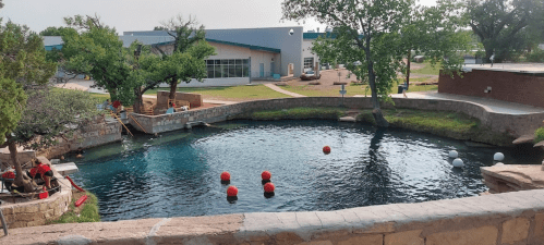 A serene pond surrounded by trees, with red and white buoys floating on the water, and a building in the background.