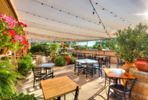 Outdoor dining area with wooden tables, black chairs, and lush greenery under a shaded canopy with string lights.