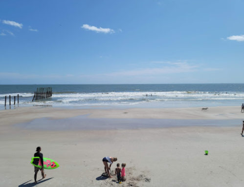 A sunny beach scene with people surfing, children playing in the sand, and a pier in the background.