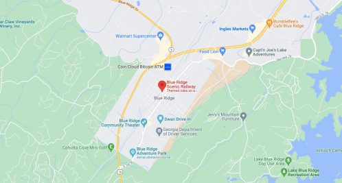 Map of Blue Ridge, Georgia, highlighting local attractions, roads, and landmarks in the area.