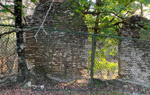 Ruins of a stone structure surrounded by trees, partially obscured by a chain-link fence.