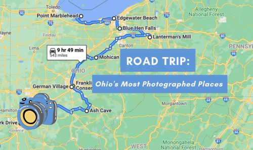 Map highlighting a road trip route through Ohio's most photographed places, with a camera icon and travel time.