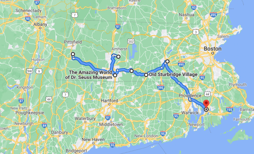Map showing a route from Boston to the Amazing World of Dr. Seuss Museum and Old Sturbridge Village in Massachusetts.