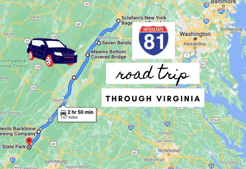 Map showing a road trip route through Virginia on Interstate 81, highlighting key locations and travel time.