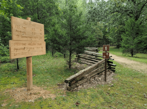 Wooden signpost with trail directions in a forested area, alongside a rustic wooden fence and a path leading to the right.