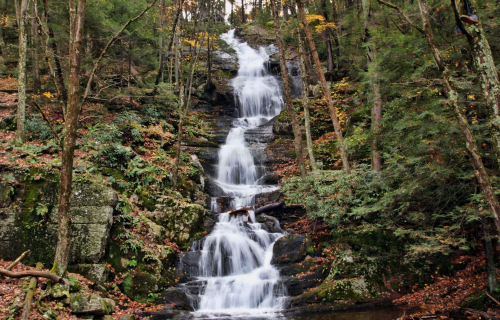 A serene waterfall cascading down rocky terrain, surrounded by lush green trees and autumn foliage.