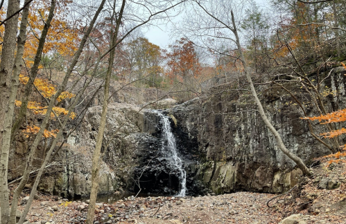 A small waterfall cascades over rocky terrain, surrounded by trees with autumn leaves.